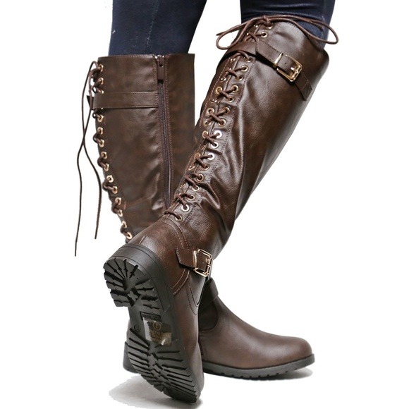 New Brown Lace Up Western Knee High Riding Boots - Picture 4 of 5